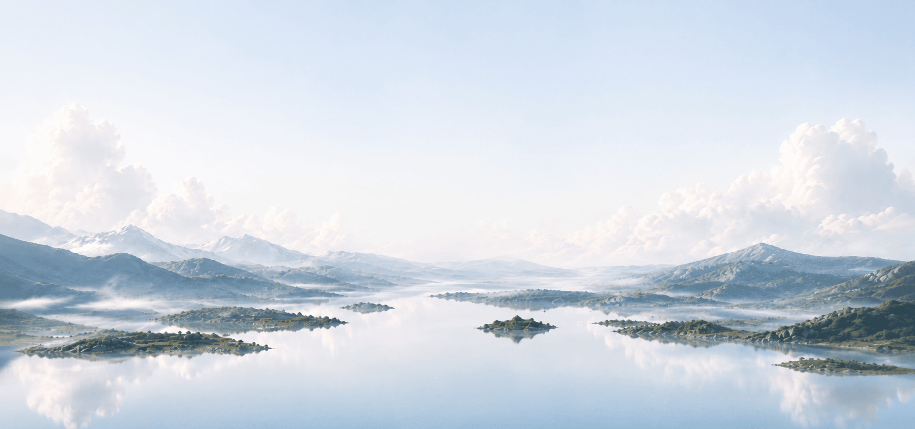A misty highland lake with islands half hidden in the fog